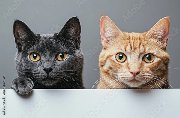 Obraz Two cute cats peeking from behind white banner with curious expressions