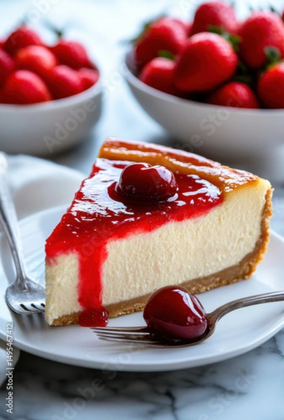 Obraz Delicious slice of cheesecake topped with cherry sauce and fresh cherries, surrounded by bowls of strawberries