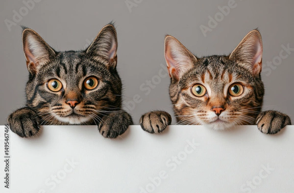 Obraz Two cute cats peeking from behind white banner with curious expressions