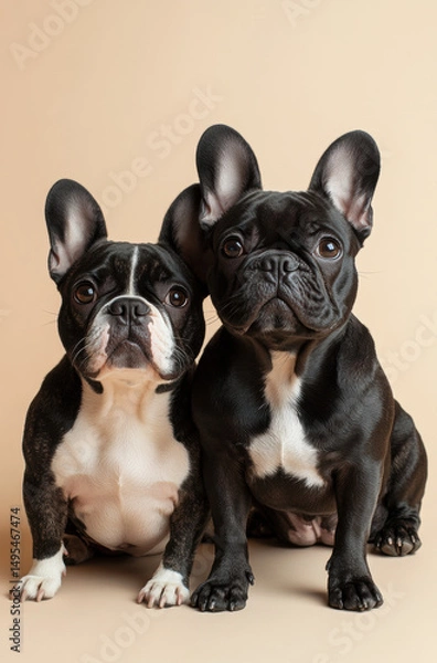 Obraz Two French Bulldogs sit on light beige background, looking curious and adorable