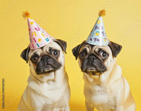 Obraz Two pug dogs wearing birthday hats sit on yellow background, looking adorable