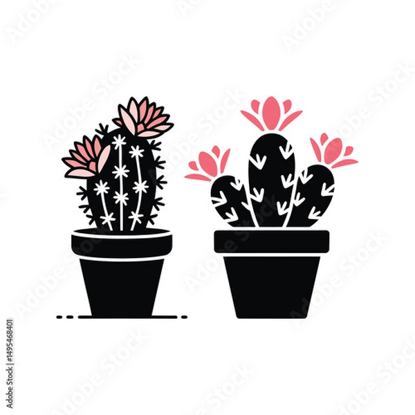 Fototapeta Two Potted Cacti Featuring Pink Flowers and Black Silhouette Designs on a White Background