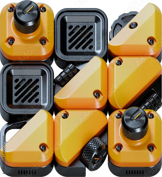 Fototapeta 3D Rendered Letter made of Abstract Gadgets with Analog Knobs, Bolts, and Faders