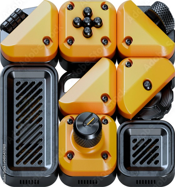 Fototapeta 3D Rendered Letter made of Abstract Gadgets with Analog Knobs, Bolts, and Faders