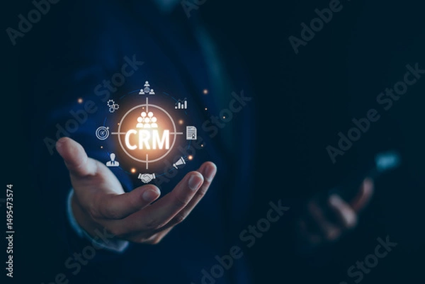 Fototapeta Customer relationship management or CRM concept. Businessman focus on crm loyalty, online business network technology, Global customer service system build brand loyalty
