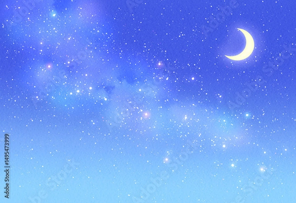 Obraz 三日月と星空　背景イラスト素材　夜空　水彩　青色