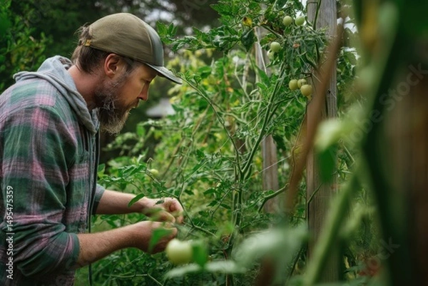 Fototapeta Tomato garden inspection with botanist looking for lice