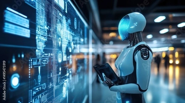 Obraz Futuristic Robot Analyzing Data on a Holographic Screen