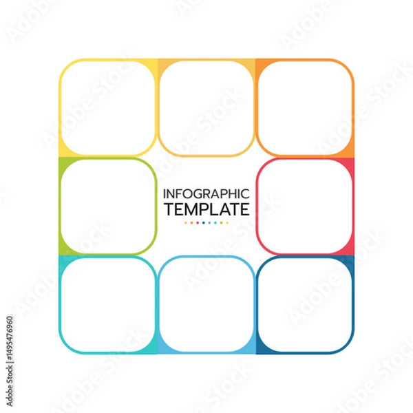 Fototapeta Infographic template featuring eight rounded squares arranged in a diamond shape with a vibrant, multi-color gradient outline. The central text reads "INFOGRAPHIC TEMPLATE". Vector illustration.