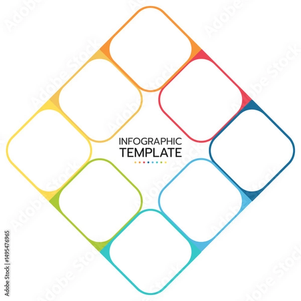 Fototapeta Infographic template featuring eight rounded squares arranged in a diamond shape with a vibrant, multi-color gradient outline. The central text reads "INFOGRAPHIC TEMPLATE". Vector illustration.