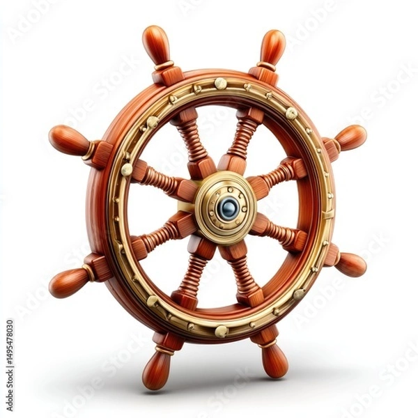 Fototapeta Wooden ship's steering wheel design with intricate details on white background