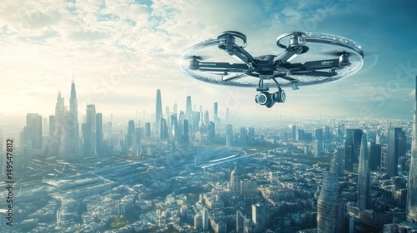Obraz Drone Flight Over Futuristic Cityscape: A Technological Marvel