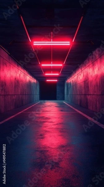 Fototapeta Vibrant neon-lit corridor creates an atmospheric ambiance for exploration during nighttime