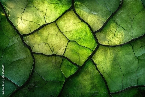 Fototapeta Abstract green texture with cracked, veined patterns, resembling dried earth or a leaf.