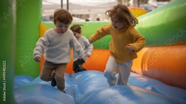 Fototapeta A group of children playing in a bounce house
