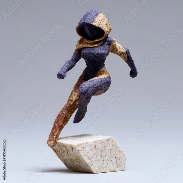 Fototapeta Armored woman figure mid-action pose with windswept cape on dynamic angled stand