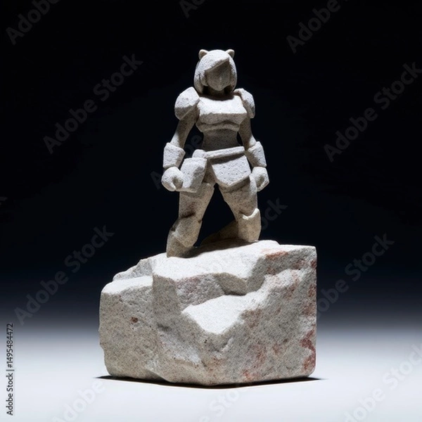 Fototapeta Tribal-themed female knight statue with beast-like armor, jungle rock base