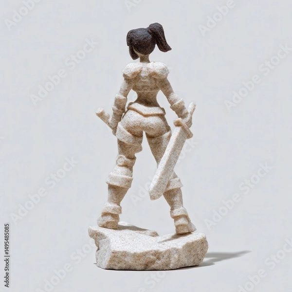 Fototapeta 3D knightess figure in dual-wield stance, base featuring broken weapons