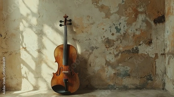 Obraz Violin placed elegantly against a bare, soft-toned wall, leaving space to add any musical quotes or details.