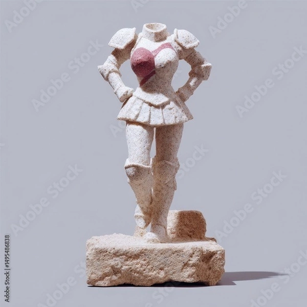 Fototapeta Graceful knight woman in ceremonial armor, on base shaped like ancient ruins