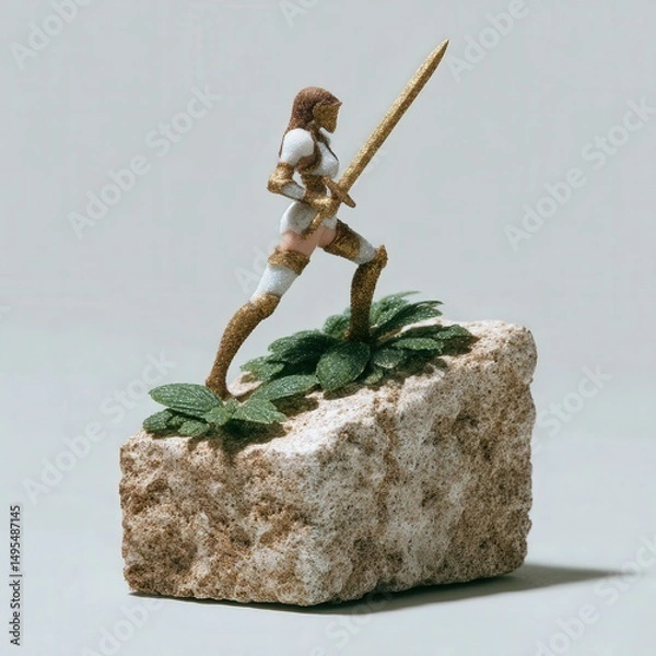 Fototapeta Graceful knight woman in ceremonial armor, on base shaped like ancient ruins