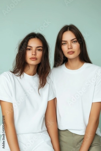 Obraz Two women are sitting next to each other, both wearing white t-shirts. They have long hair and are smiling. Concept of friendship and camaraderie between the two women