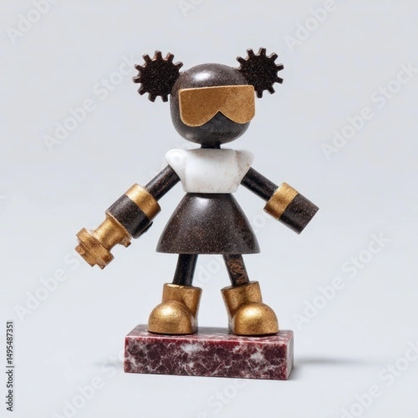 Fototapeta Steampunk knight girl figure with gears and brass armor, mechanical base stand