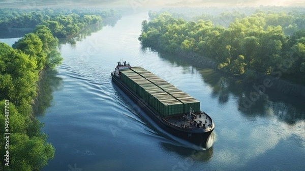 Obraz Cargo Ship Navigating a Lush River