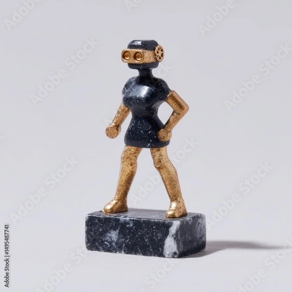 Fototapeta Steampunk knight girl figure with gears and brass armor, mechanical base stand