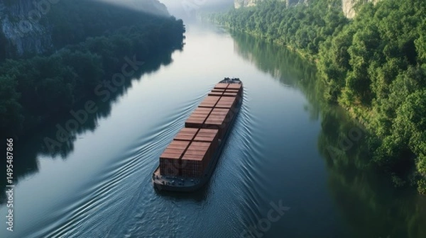 Obraz Cargo Ship Navigating Serene River Landscape