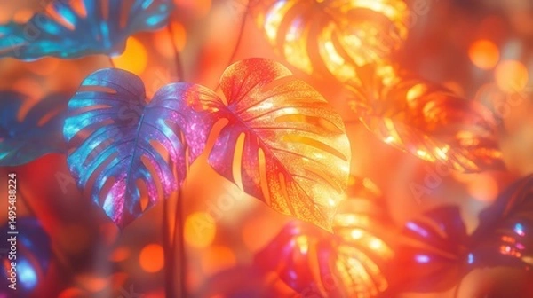 Fototapeta Luminous monstera leaves in an abstract composition with a vibrant color palette