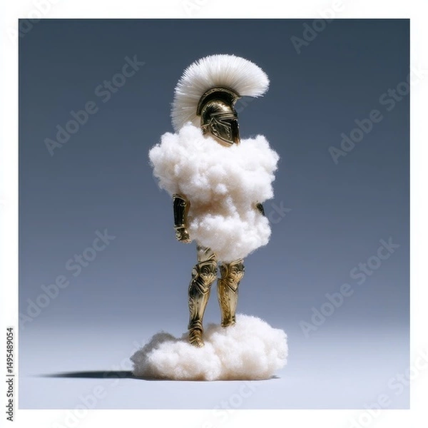 Fototapeta Valkyrie-style knight figure with feathered helmet and radiant armor, cloud-shaped stand