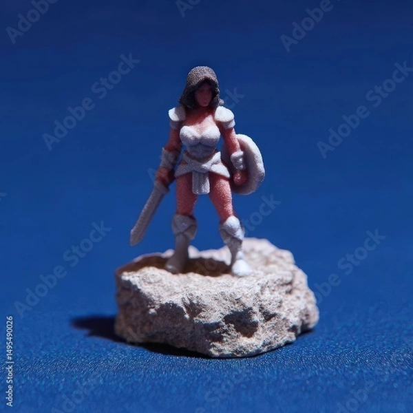 Fototapeta 3D display figure of armored female warrior in battle pose on detailed terrain base