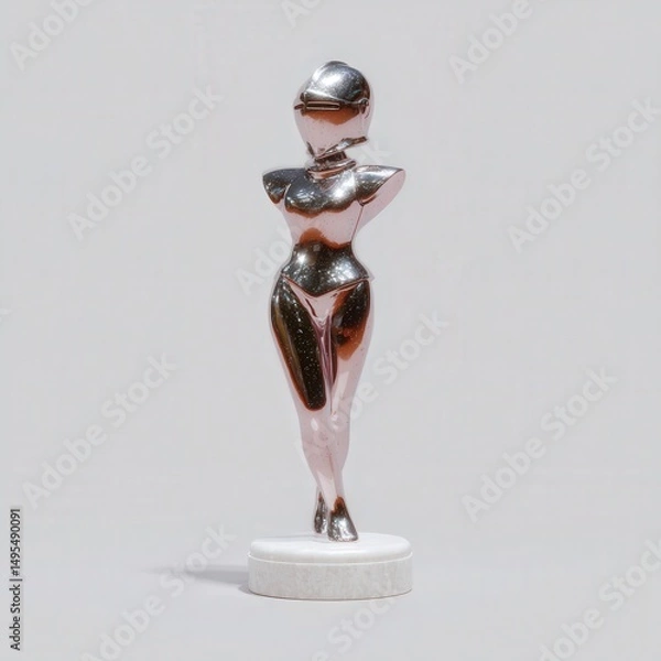 Fototapeta Highly stylized 3D female knight figure with winged helmet, sword down pose, circular stand