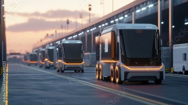 Obraz Autonomous Trucks at Sunset: The Future of Logistics
