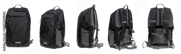 Fototapeta Multipurpose Black Backpack Displayed from Multiple Angles on White Background. Travel, Hiking, and School Bag