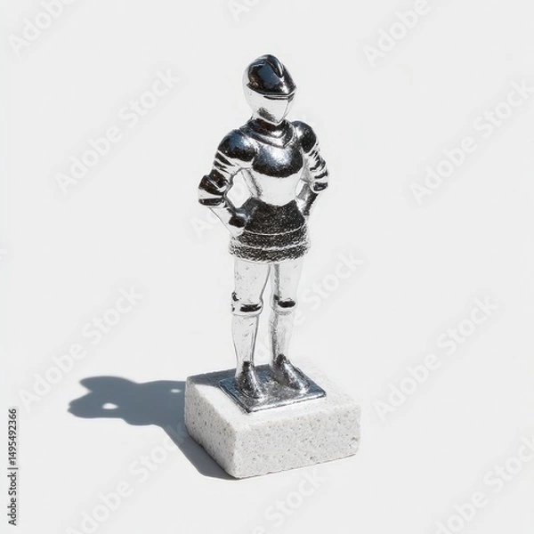 Fototapeta Realistic 3D figure of heroic female knight, embossed armor, mounted on engraved plinth