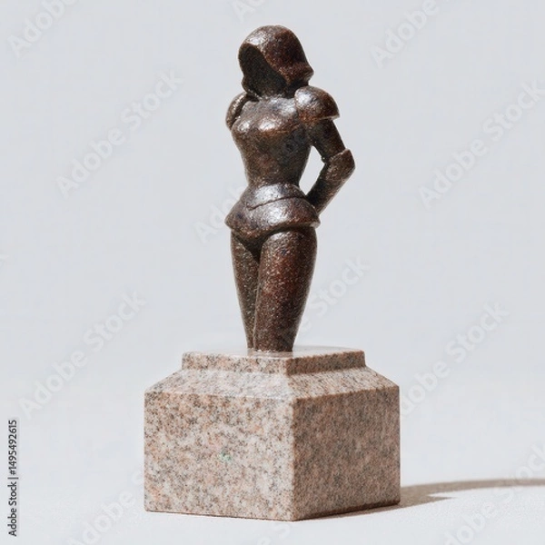 Fototapeta Realistic 3D figure of heroic female knight, embossed armor, mounted on engraved plinth