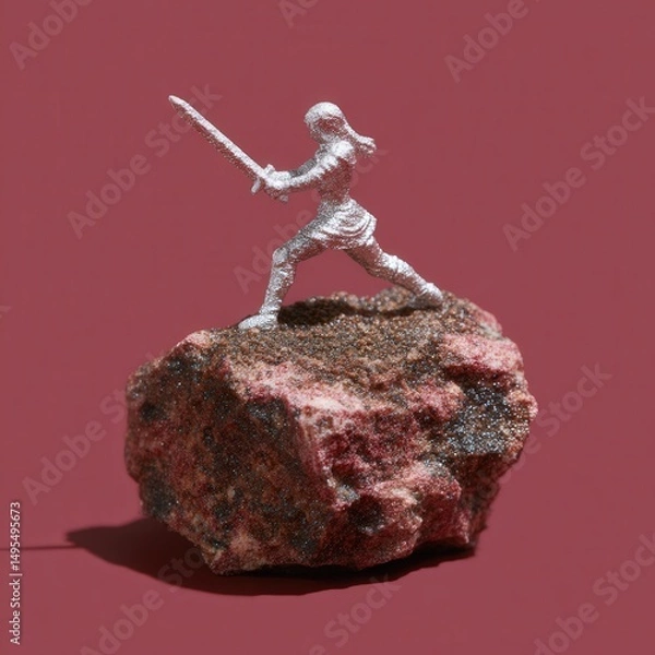 Fototapeta 3D display figure of armored female warrior in battle pose on detailed terrain base