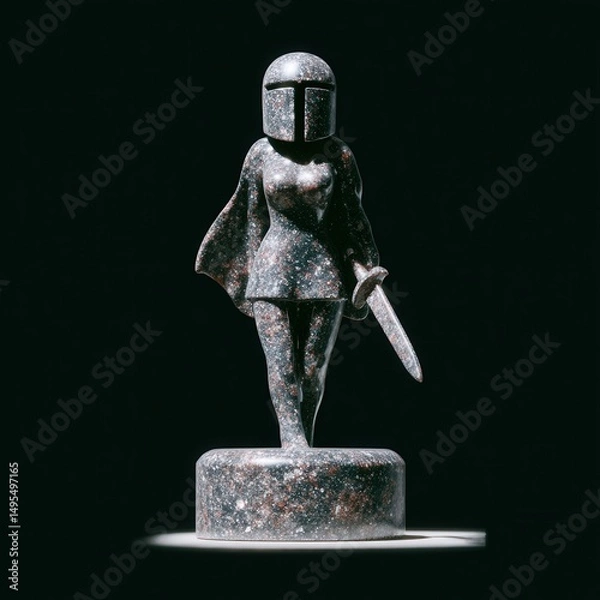 Fototapeta Highly detailed 3D female knight statue with sword and flowing cape on circular base