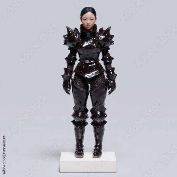 Fototapeta 3D model of gothic-style female knight with black armor and spiked stand