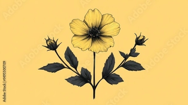 Fototapeta Elegant botanical illustration of a yellow blossom with dark foliage on canary background