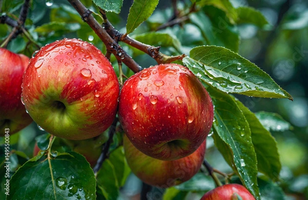 Fototapeta Juicy Red Apples Hanging From Tree Branch After Rainfall