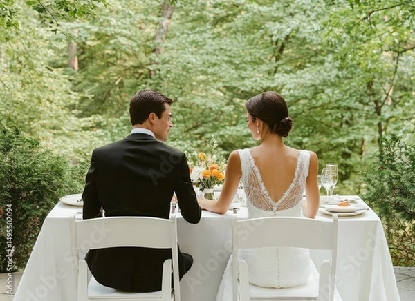 Obraz Bride and groom seated at outdoor wedding reception table, view from behind, lush green trees background.