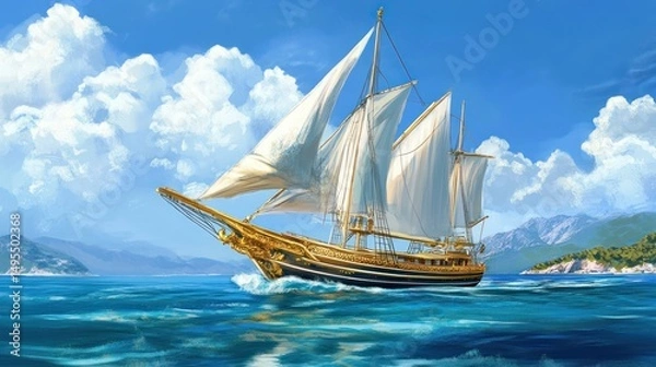 Fototapeta Majestic sailing ship with golden accents glides across a calm turquoise sea under a bright, sunny sky, near mountainous islands.