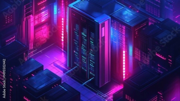 Fototapeta Futuristic server room, isometric view, glowing neon lights, digital city, technology, server rack, network, 