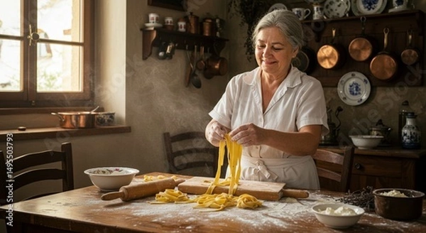 Fototapeta A traditional Italian grandmother making fresh pasta by hand in a rustic kitchen, soft natural lighting, flour on the wooden table, vintage decor, warm tones