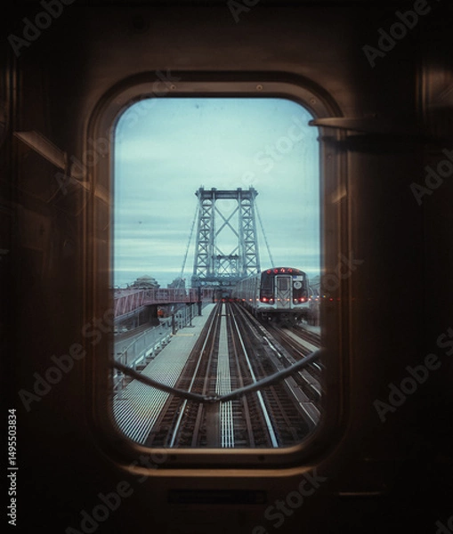 Obraz New York, USA: subway train window in motion on Williamsburg bridge