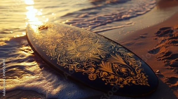 Fototapeta Ornate surfboard on sandy beach at sunset.
