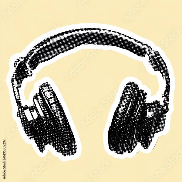 Obraz Black halftone dot headphones illustration on pale background with high fidelity sound